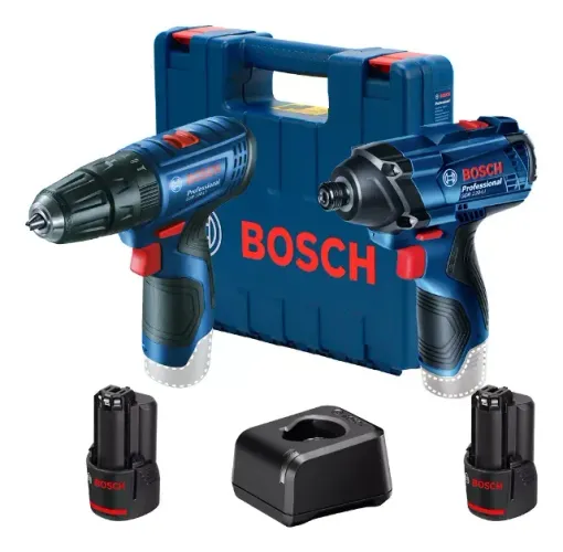 O Kit Parafusadeira/Furadeira GSR120-LI e Chave Impacto GD120-LI Bosch com 2 Baterias 12V,