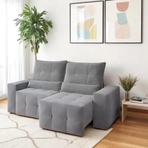 Sofá retratil e reclinavel na cor cinza veludo produto novo