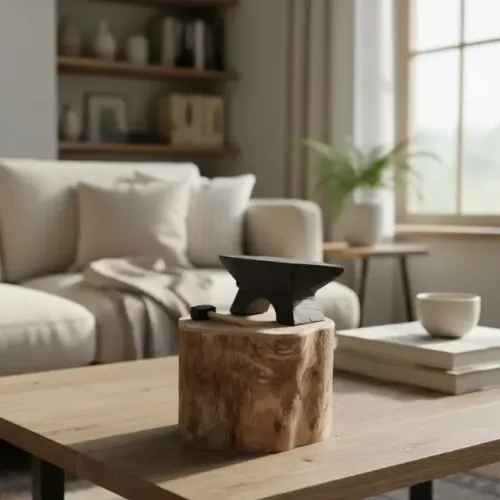 Enfeite de Mesa Bigorna em Madeira com Marreta - Miniatura Artesanal em Tronco Decorativo