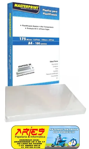 PLASTICO PARA PLASTIFICAÇÃO POLASEAL A4 175 MICRAS 100 UNIDADES MASTERPRINT