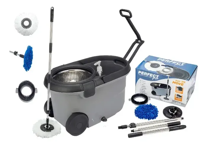 Esfregão Perfect Pro Mop Move 16L Cinza Cabo Inox Alça Roda com 3 Refis