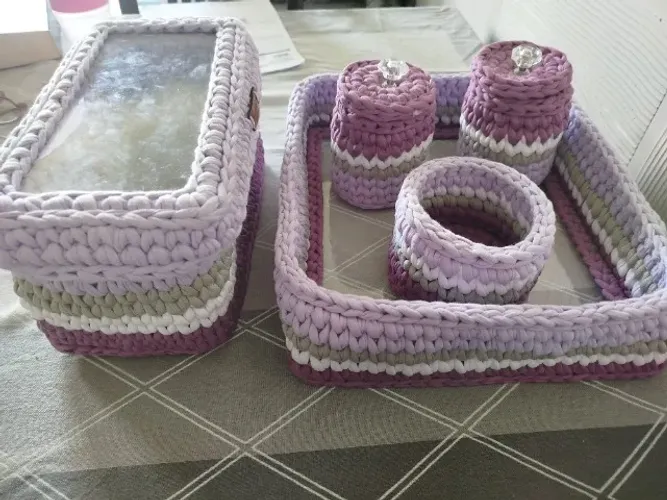 Kit Higiene Bebê em Crochê Fio de Malha - 5 Peças (Lilás e Cinza)