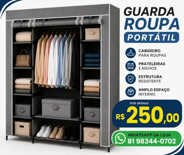 Guarda-Roupa Portátil Casal Grande com Cabideiro e Prateleiras