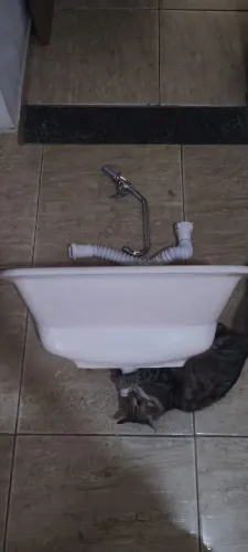 Tanque de louça com torneira e sifão