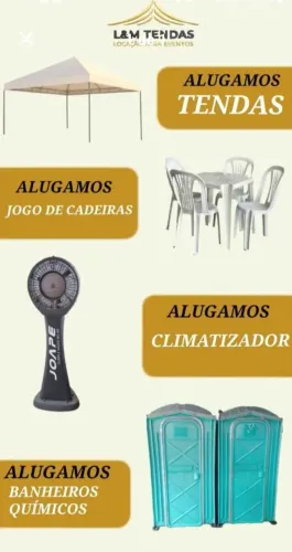 Locação de tendas, climatizador, banheiro químico e jogos de mesas