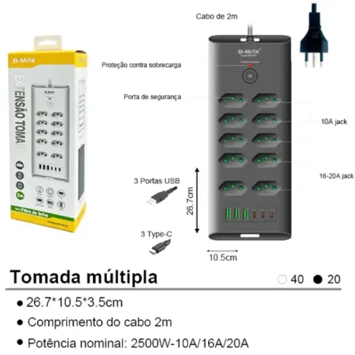 Lacrada Extensão Tomada 2M 3USB 3USB-C B-MAX BM-8725