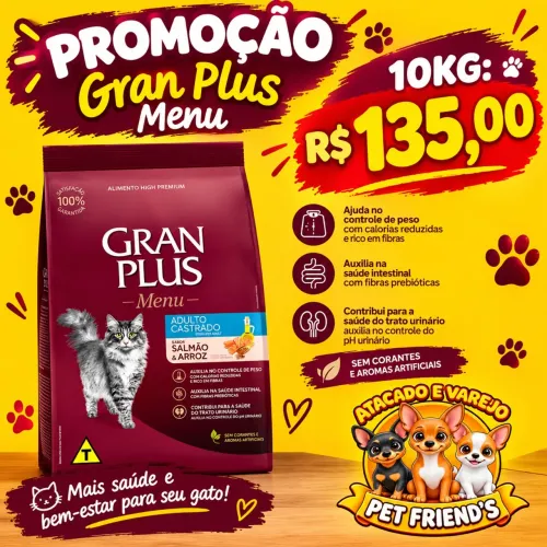 Ração Gran plus gatos castrados 10kg R$ 135,00