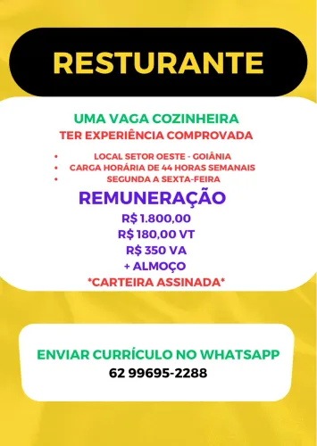 Vaga emprego cozinheira