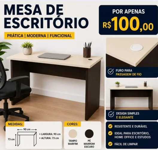 Mesa de escritório funcional e compacta.