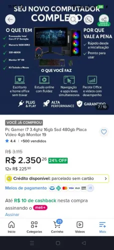 Pc gamer i7 3.4ghz 16gb SSD 480gb placa vídeo 4gb sem monitor
