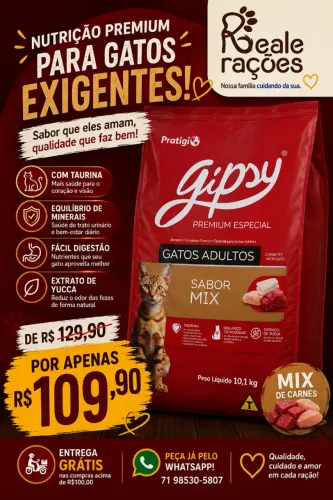 Ração premium especial Gipsy gatos adultos 10,1kg + entrega grátis