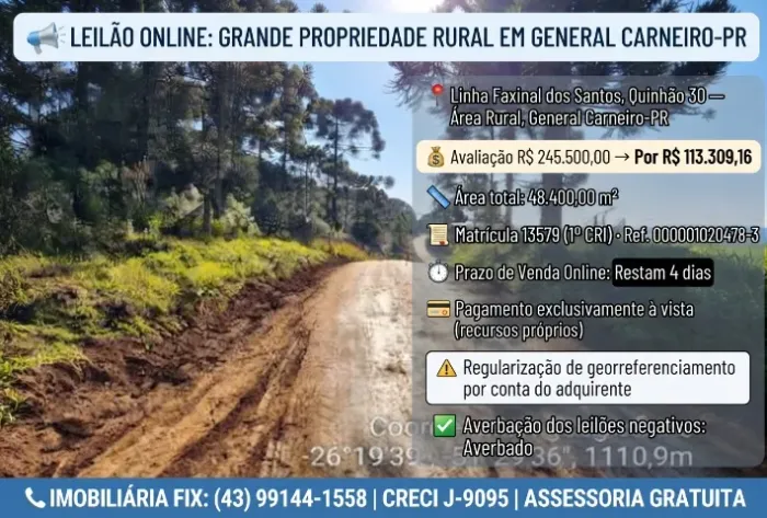 ? LEILÃO ONLINE: GRANDE PROPRIEDADE RURAL EM GENERAL CARNEIRO-PR