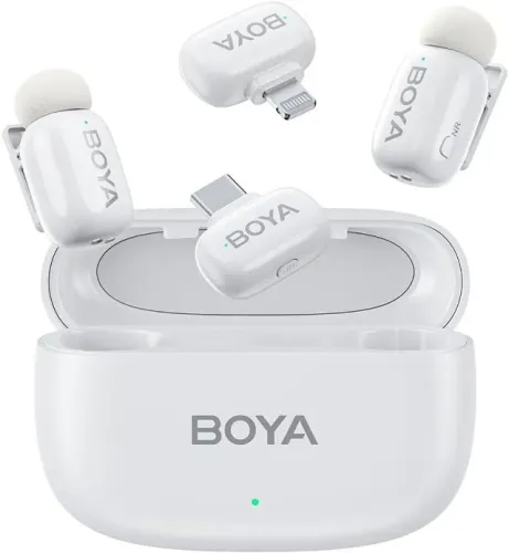microfone lapela boya mini-13 sem fio branco android/ios, conector usb-c e lightning
