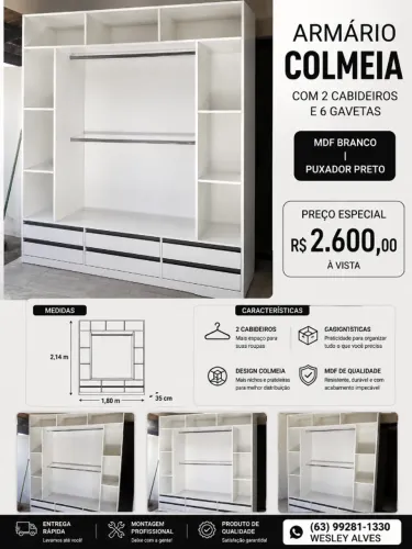 Armário Colmeia Closet 1,80m com 2 Cabideiros e 6 Gavetas MDF