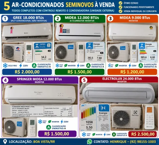 VENDE-SE 5 AR-CONDICIONADOS SEMINOVOS - GREE, MIDEA E ELECTROLUX