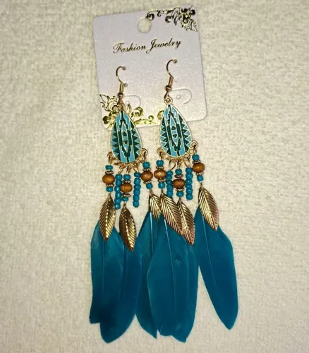 Brinco Penas Azul Turquesa 