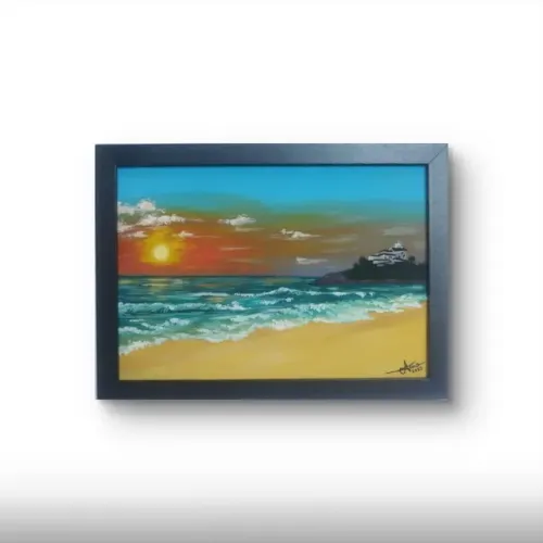 Quadro pintura em MDF - Pôr-do-sol em Saquarema 30x21cm com moldura