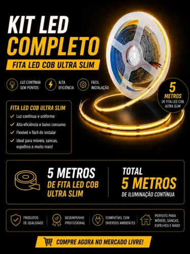 5 Metros Fita Led Cob 12v 320 Leds/m Alta Luminosidade