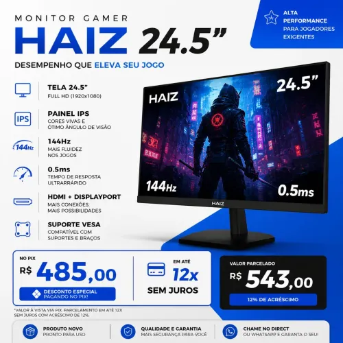 Monitor Gamer HAIZ 24.5" 144Hz IPS | HDMI + DisplayPort