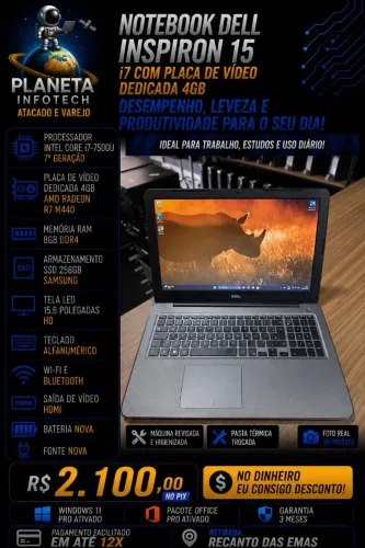 Notebook DELL Inspiron core i7 7500U com Placa de vídeo 4gb + 8gb de ram DDR4 + SSD 256gb