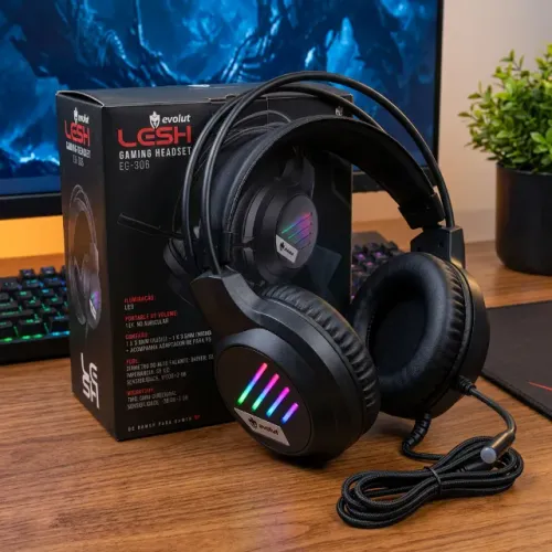 Fone Headset Gamer RGB Rainbow Preto com Microfone - Novo Lacrado