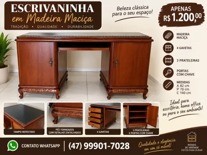 Escrivaninha Clássica madeira nobre maciça, estilo colonial - Semi nova