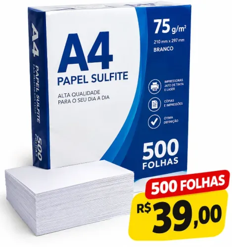 Papel Sulfite A4 Branco - 500 Folhas - R$ 39,00