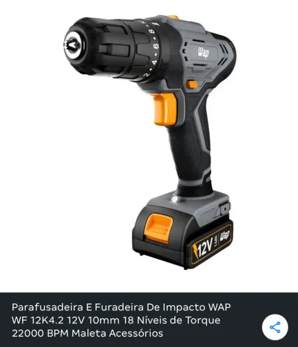 Parafusadeira E Furadeira De Impacto WAP WF 12K4.2 12V 10mm 18 Níveis de Torque 22000 BPM