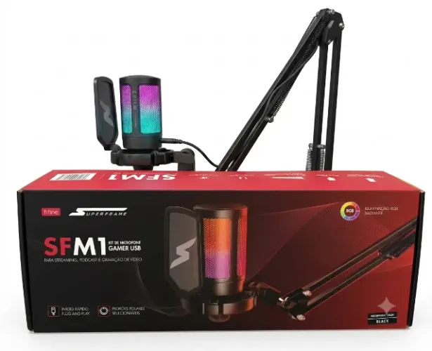 Microfone Gamer Fifine SuperFrame Edition SFM1 RGB USB Black Com Braço Articulado