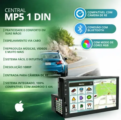 Central Multimídia Universal Mp5 1 Din 7 Espelha Dvd+ Cam