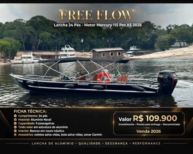 Lancha de alumínio 24 pés com 115 hp mercury Pro Xs zero