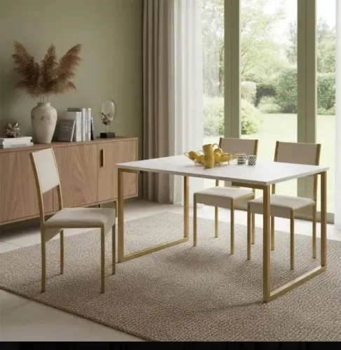 mesa de jantar 4 cadeiras off white com dorado  