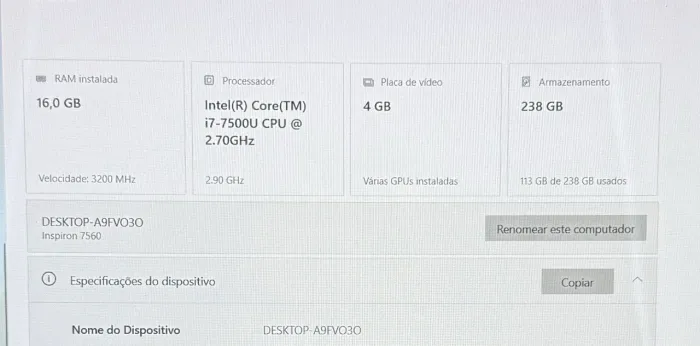 *Notebook Dell* ? Processador 16,0 GB ? Placa de vídeo 4 GB 2 Armazenamento Intel(R)