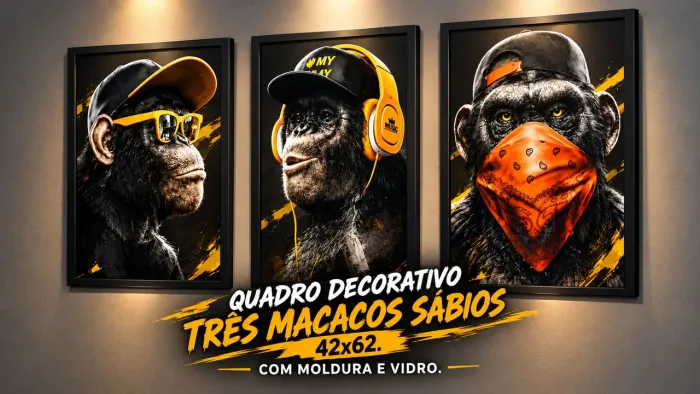 QUADRO DECORATIVO 3 MACACOS SÁBIOS 42x62 COM MOLDURA E VIDRO