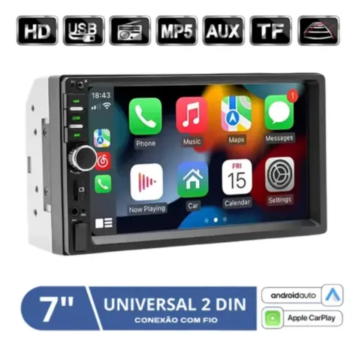 Central Multimidia MP5 2 Din 7" CarPlay Android Auto Espelhamento USB Bluetooth Camera ré