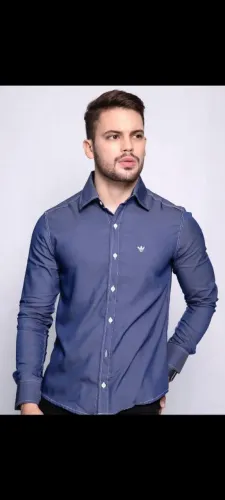 Camisa Social Azul Jeans com Detalhes em Branco