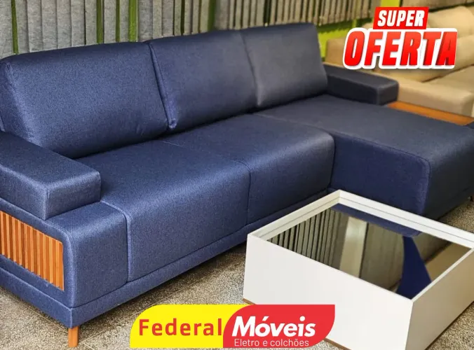 Sofá 3 lugares com Chaise em Linho Luxo - Entregamos 