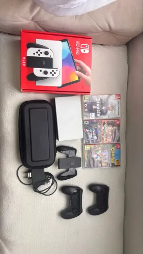 Nintendo Switch OLED Branco 64GB Completo + 3 Jogos + Caixa Original + Acessórios