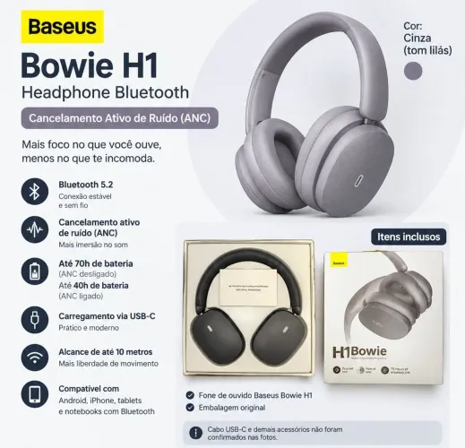 Fone Baseus Bowie H1 Bluetooth ANC 70h Cinza