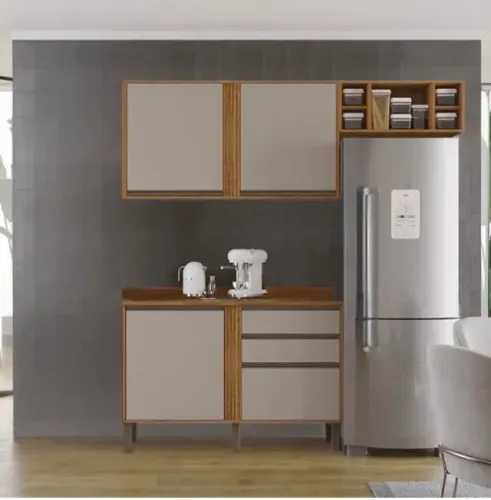 Conjunto Cozinha Pérola 3 Peças 1,20m Cinamomo/Off - Balcão + Aéreo + Geladeira
