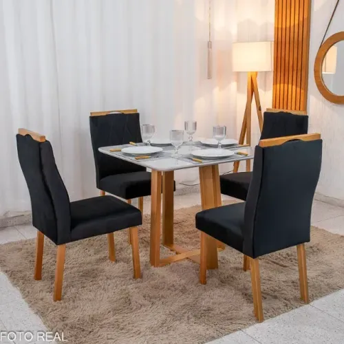 Mesa de Jantar Pedro 90x90 Vidro Off 4 Cad Lisboa Veludo Preto Art Asento - Entrega Rápida