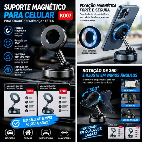 Suporte Magnético K007 para Celular - Ventosa e Rotação 360°