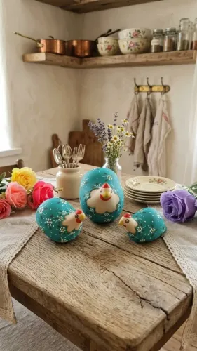 Trio de galinhas decorativas turquesa