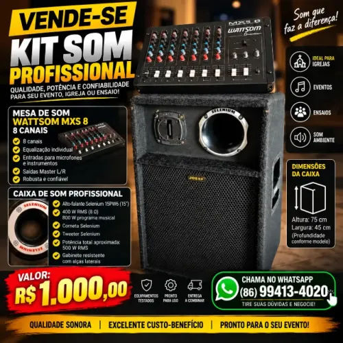 Kit Som Profissional - Caixa 15? Selenium + Mesa Wattsom MXS 8 Canais