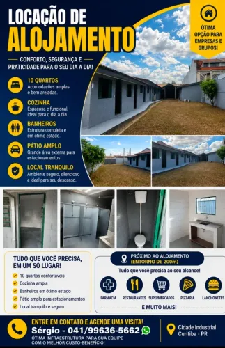 Alojamento com 10 quartos, cozinha, banheiros, lavanderia, pátio amplo, casa empresa