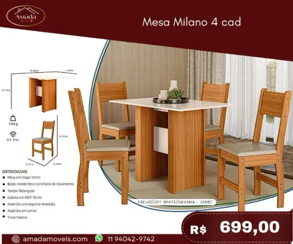 Mesa Milano 4 cadeiras, a pronta entrega