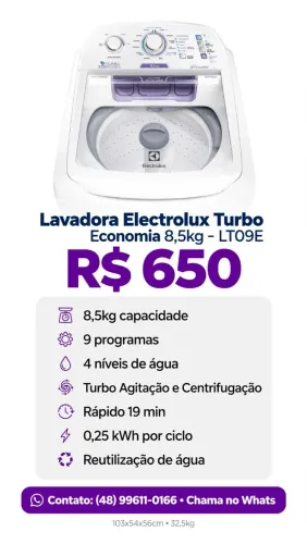 MÁQUINA DE LAVAR ELECTROLUX TURBO ECONOMIA 8,5KG