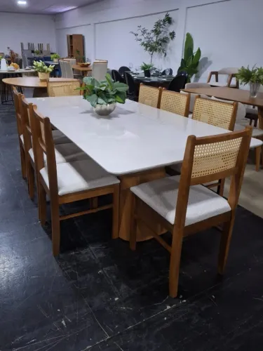 Conjunto Mesa Lírio 8 cadeiras tampo vidro ou madeira 2,20 X 1,10