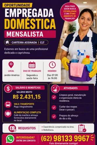 OPORTUNIDADE DE EMPREGO ? DOMÉSTICA MENSALISTA