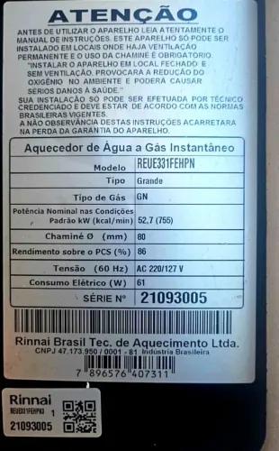 Aquecedor a gás Rinnai REU E33 GN